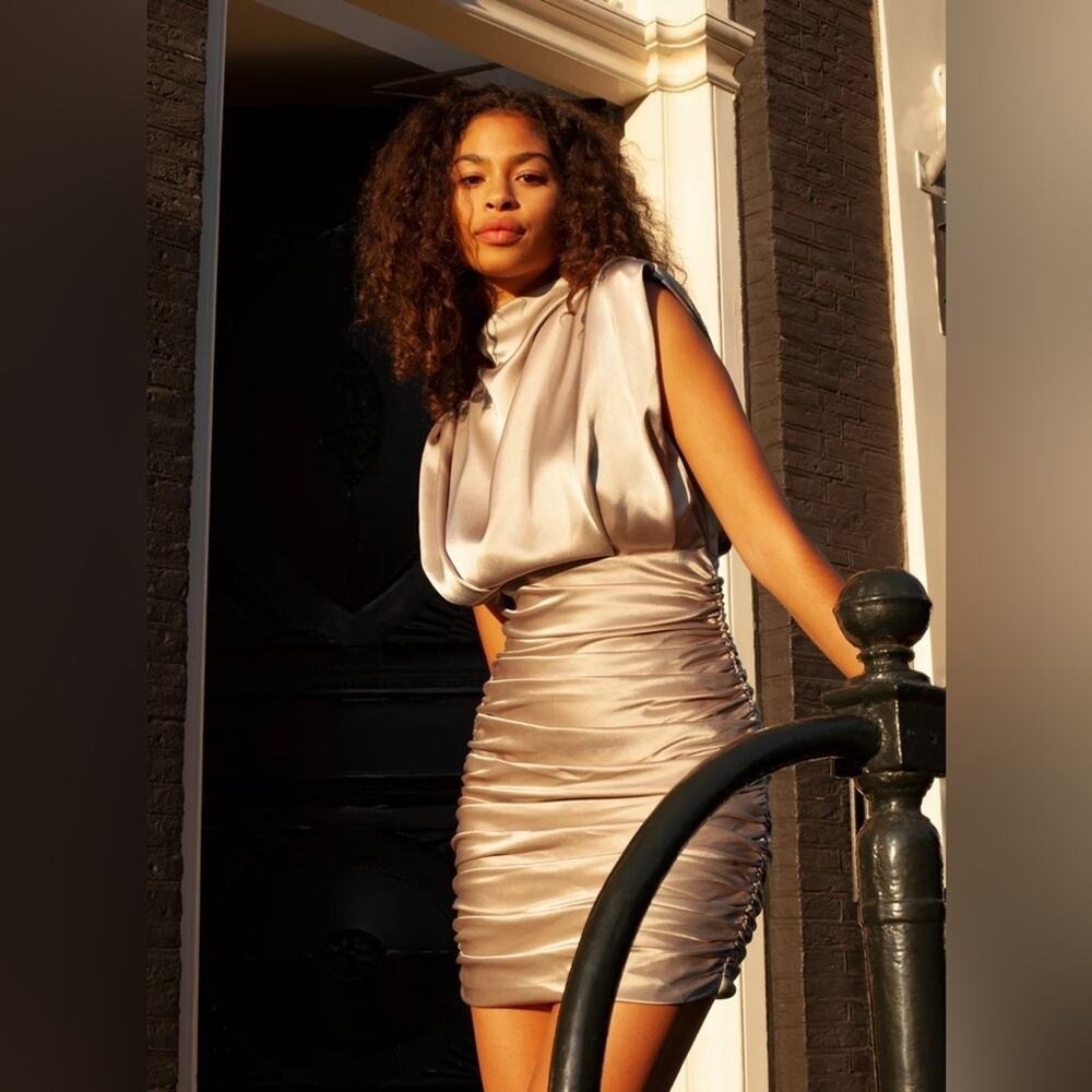 Aritzia Babton Hesek Mini Dress in Cairo Satin Ruched High Neck in Champagne